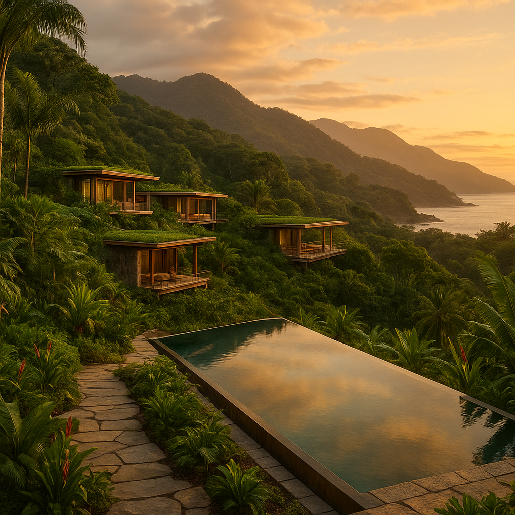 Costa Rican tropical landscape with lush greenery and coastline