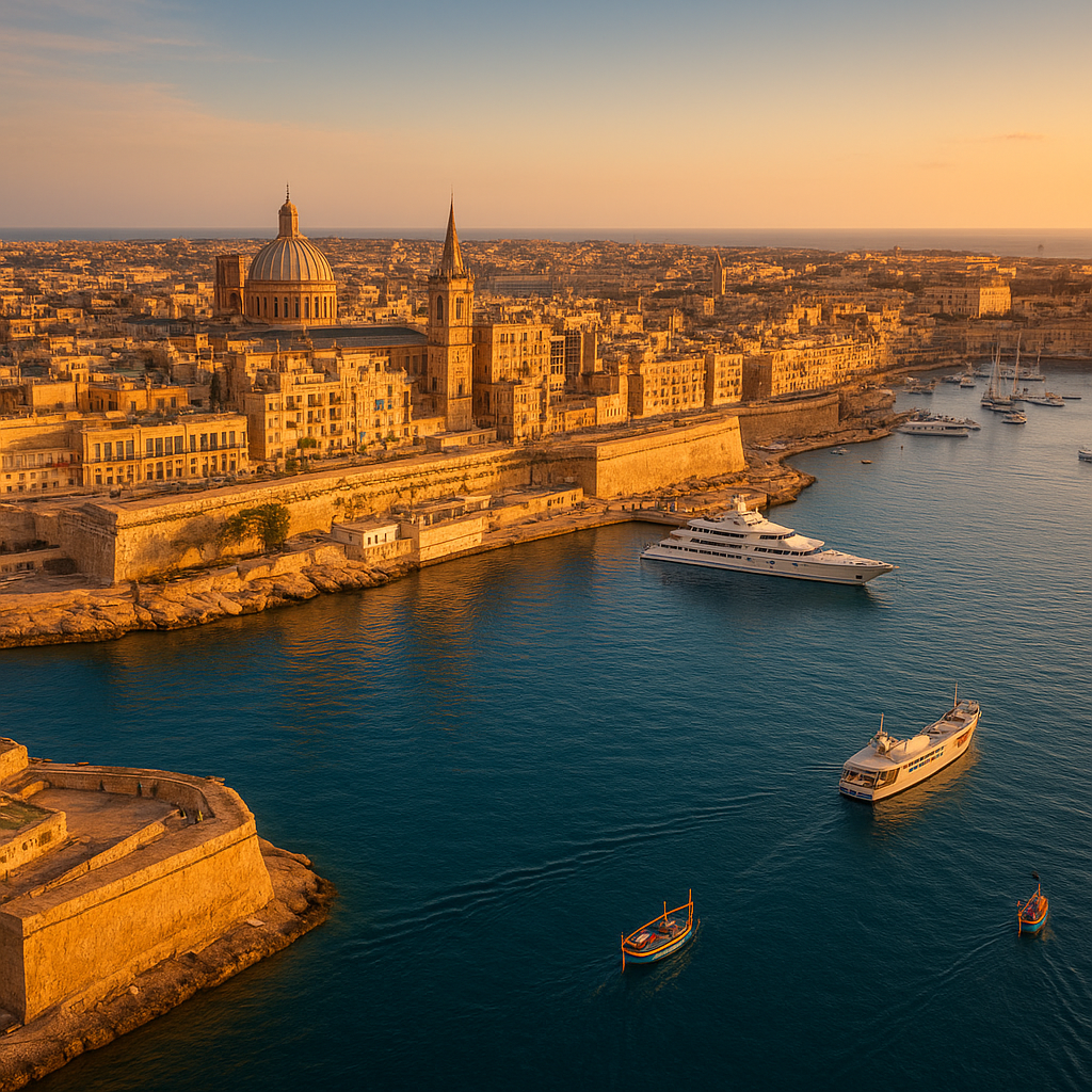 Valletta harbor with historic limestone buildings and blue Mediterranean